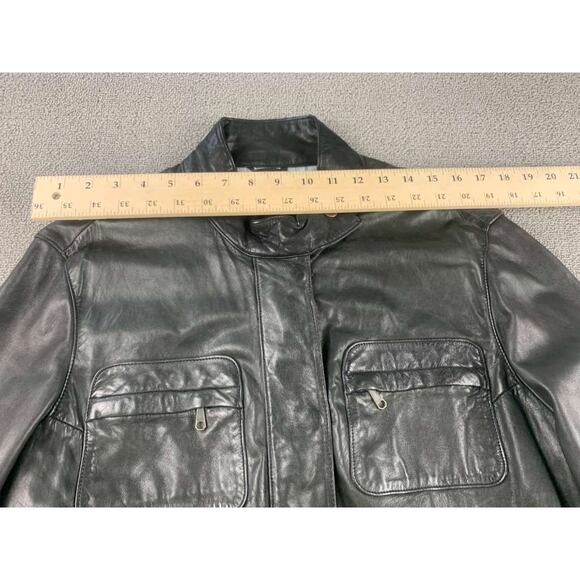 Vintage GAP Leather Jacket Women XL Black Utility Biker Safari Belted Pockets - Picture 6 of 9